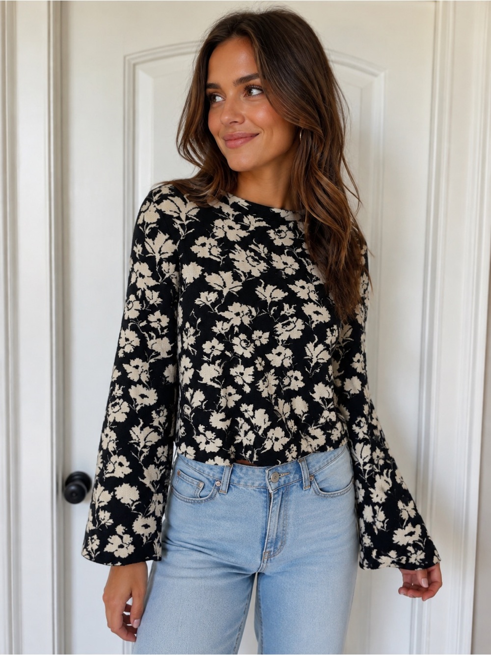 Flying Tomato Black Knit Top with Cream Floral Print